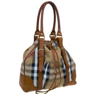 Burberry Canvas/Leather Check Drawstring Tote Bag